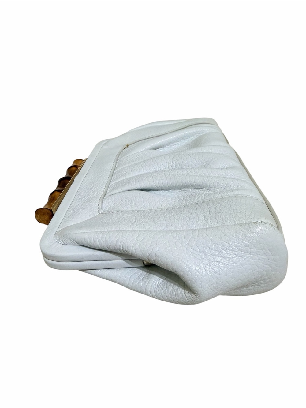 Elaine Turner White Leather Clutch Bamboo Handle with Small Mirror Chic Boho - Picture 2 of 11